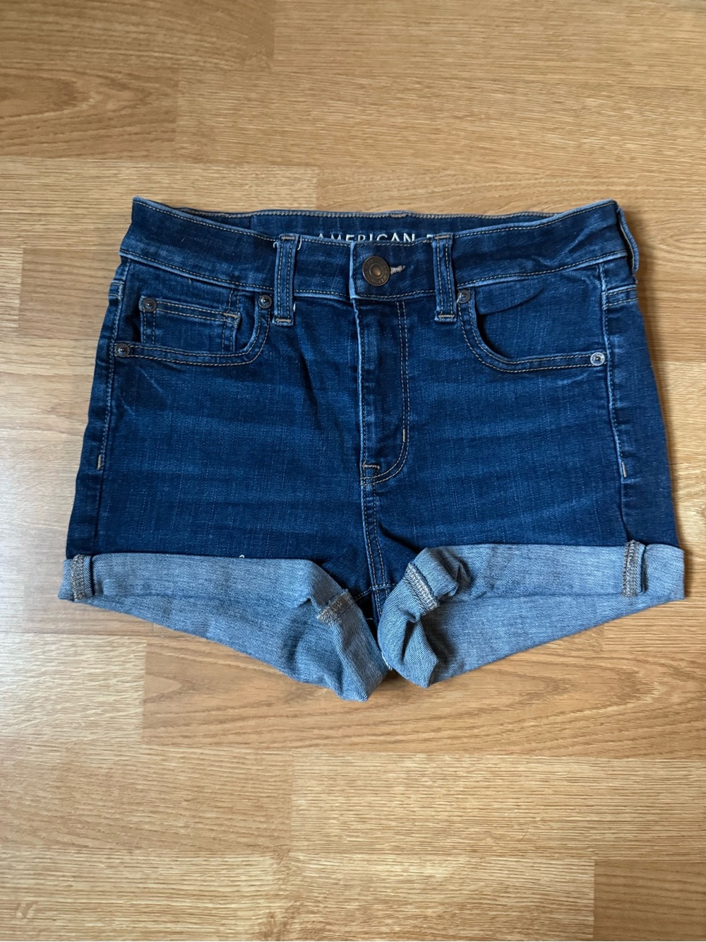 American Eagle Outfitters Dark Blue Denim Roll-Cuff Shorts